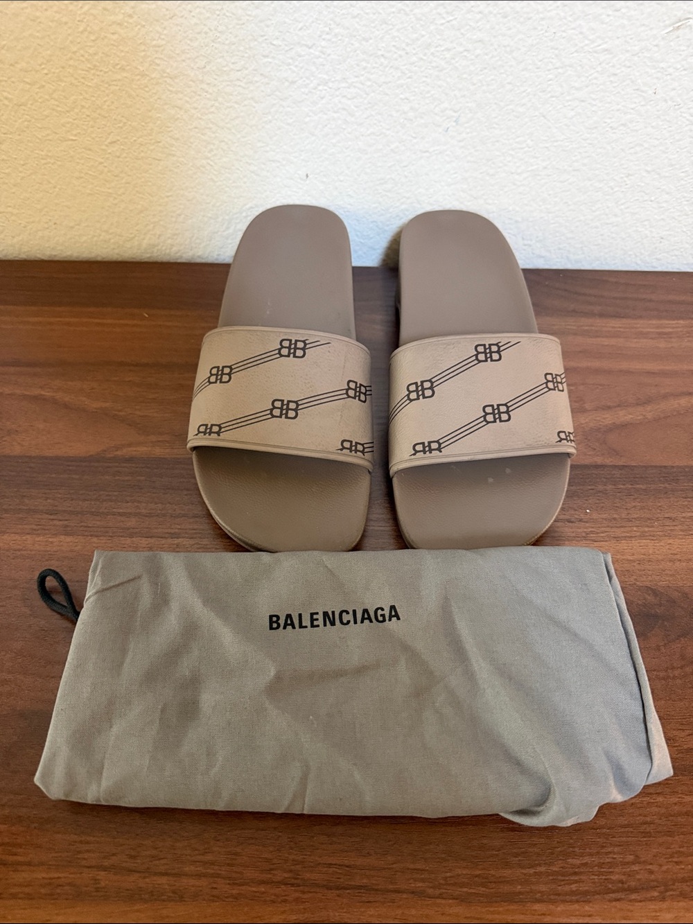 Balenciaga Women’s Taupe Monogram Slide Sandals